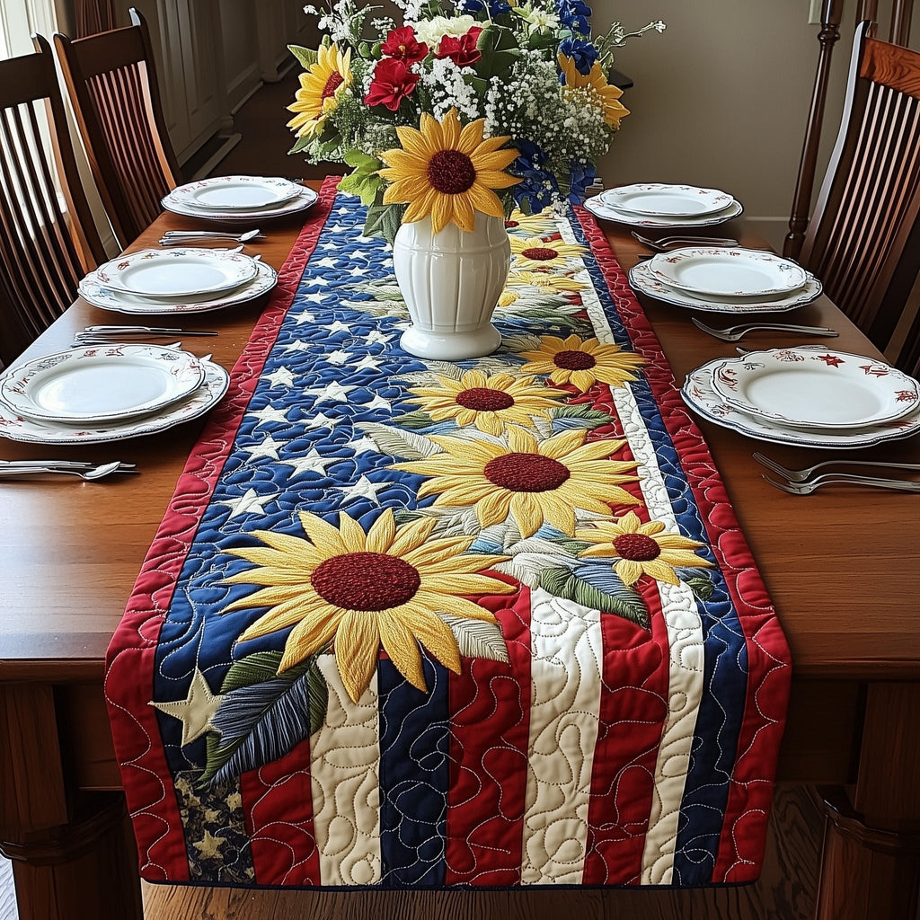 Sunflowers on Stars and Stripes Table Runner