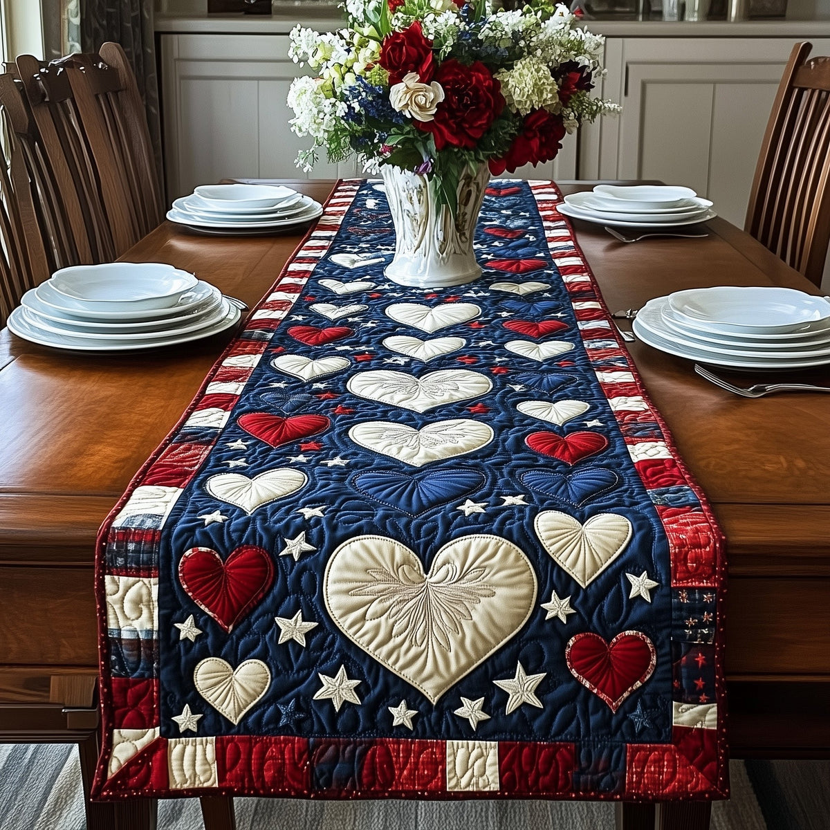 Cream Hearts on Blue with Stars Table Runner