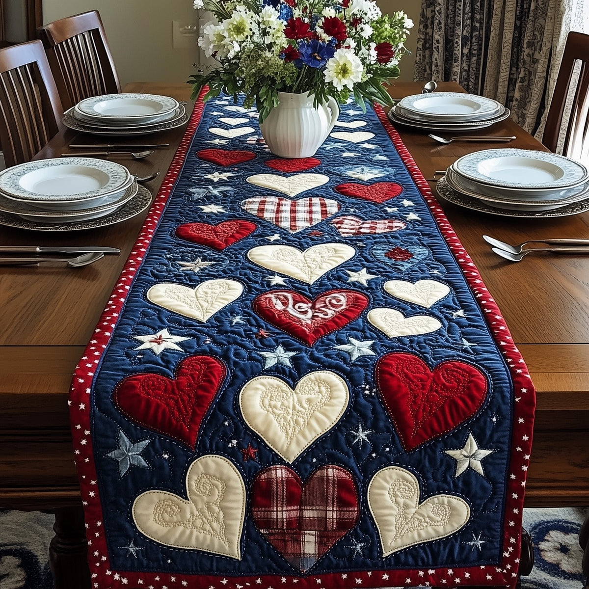 Plaid and Cream Hearts on Navy Table Runner