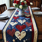 Red and Cream Hearts on Denim Blue Table Runner