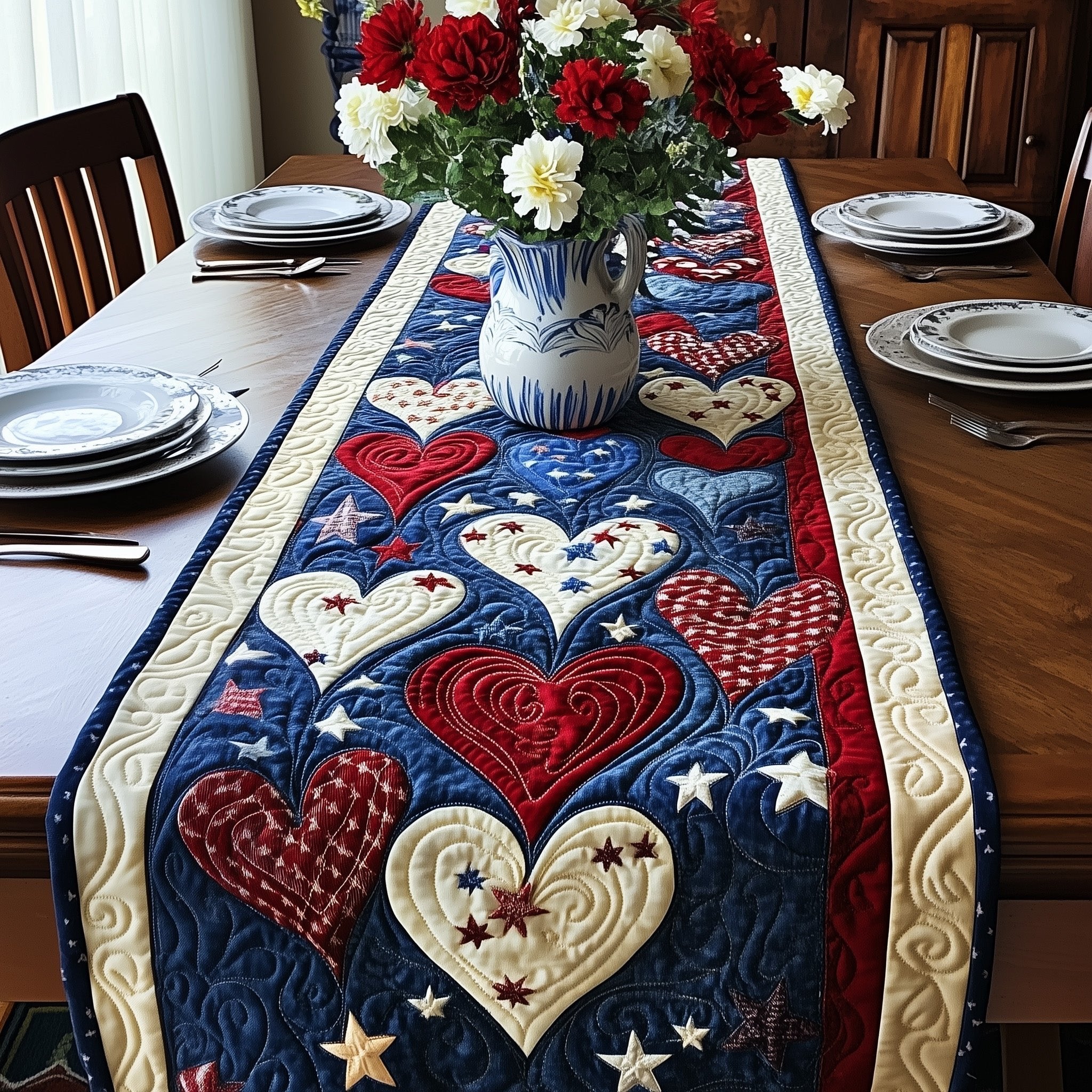 Red and Cream Hearts on Denim Blue Table Runner