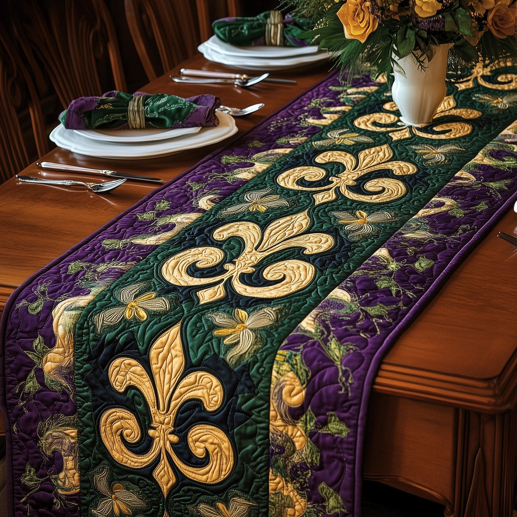 Gold Fleur de Lis on Green and Purple Table Runner