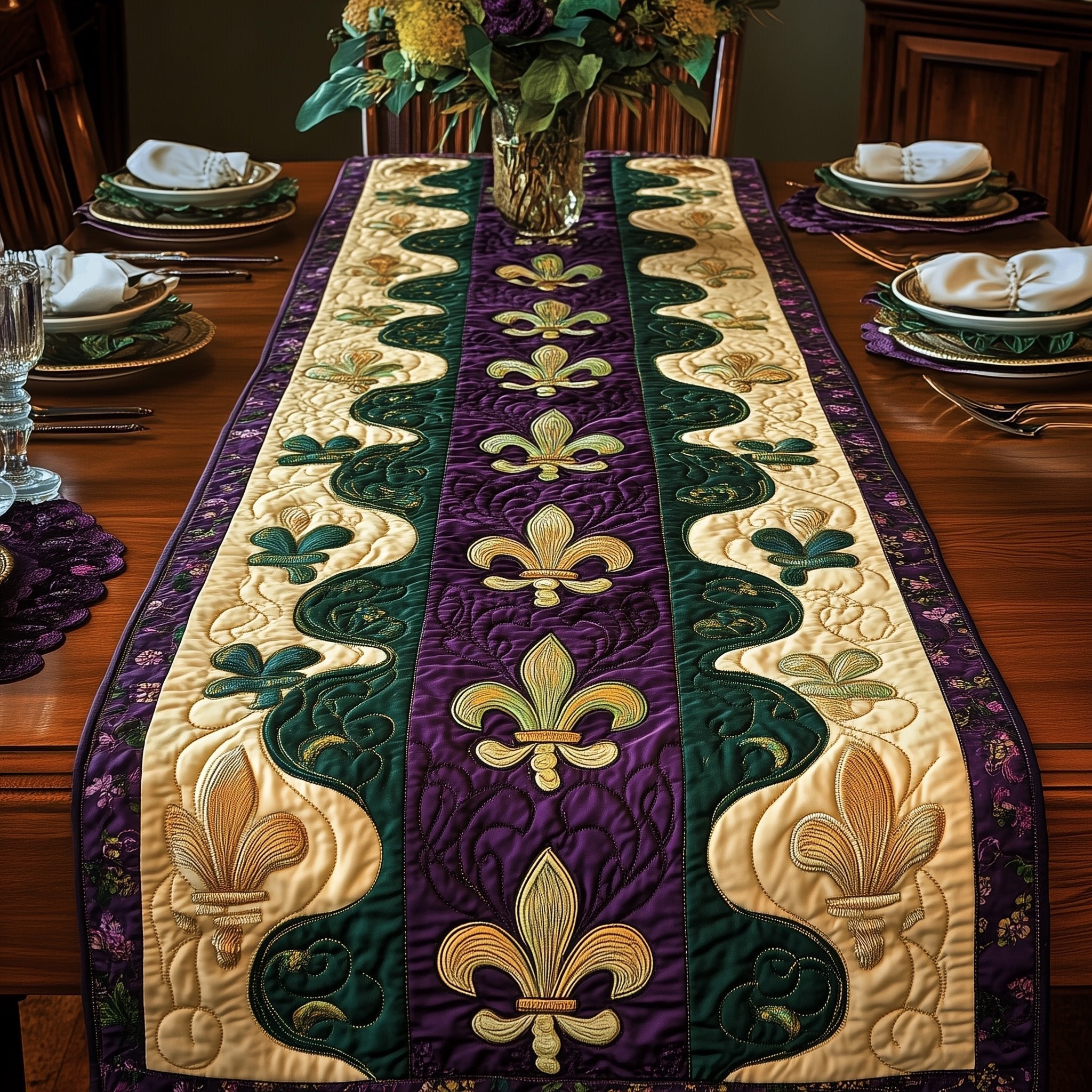 Fleur de Lis on Green Purple Stripes Table Runner