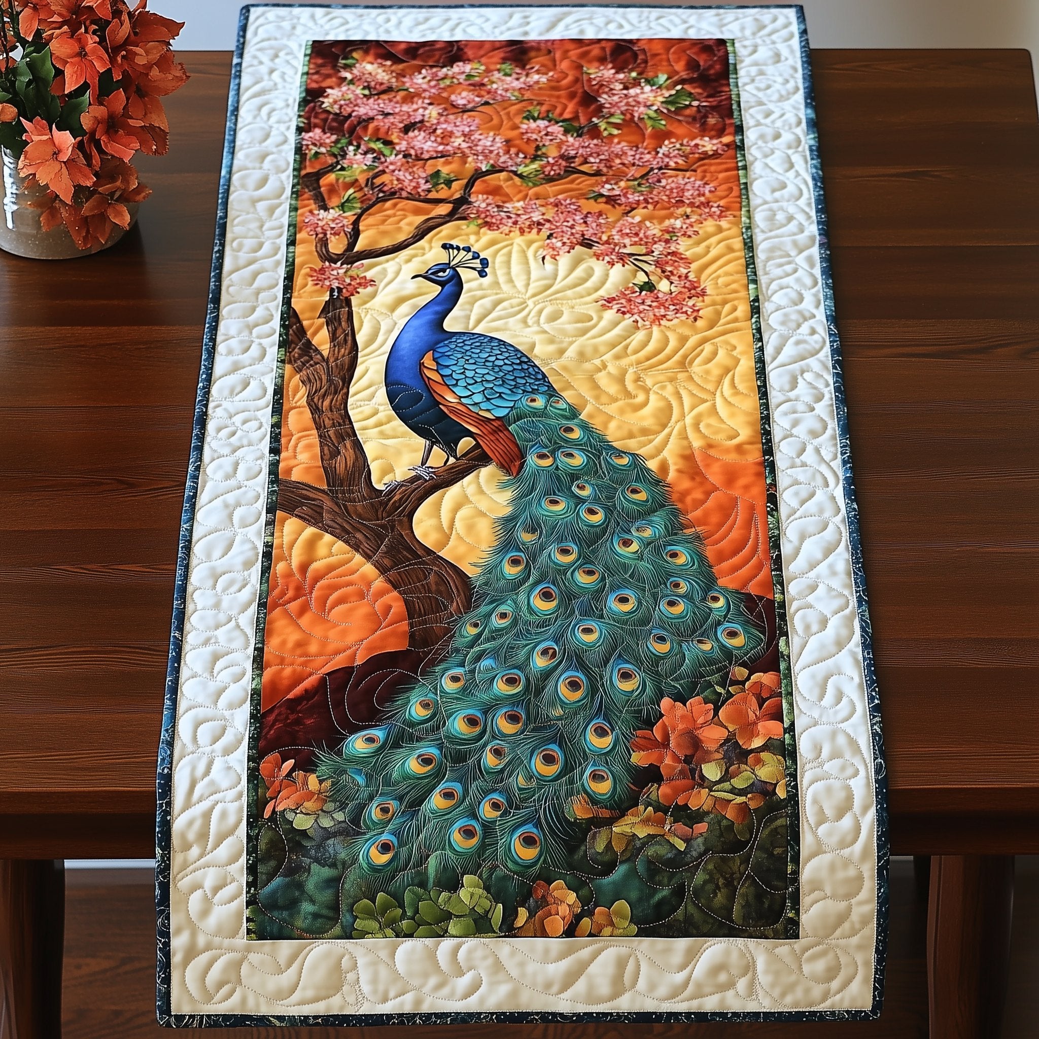 Peacock on Branch at Sunrise Table Runner