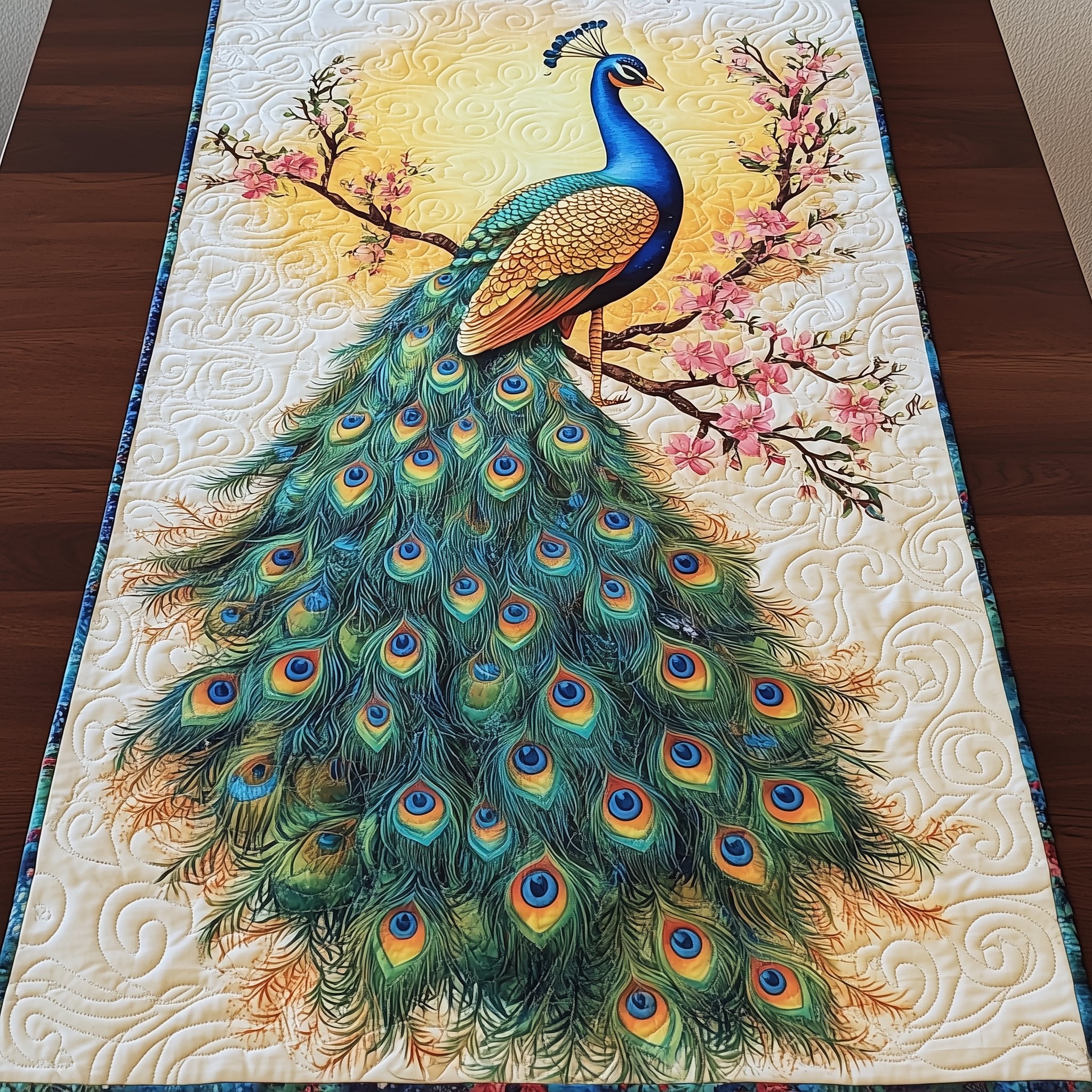 Peacock with Spread Tail and Blossoms Table Runner