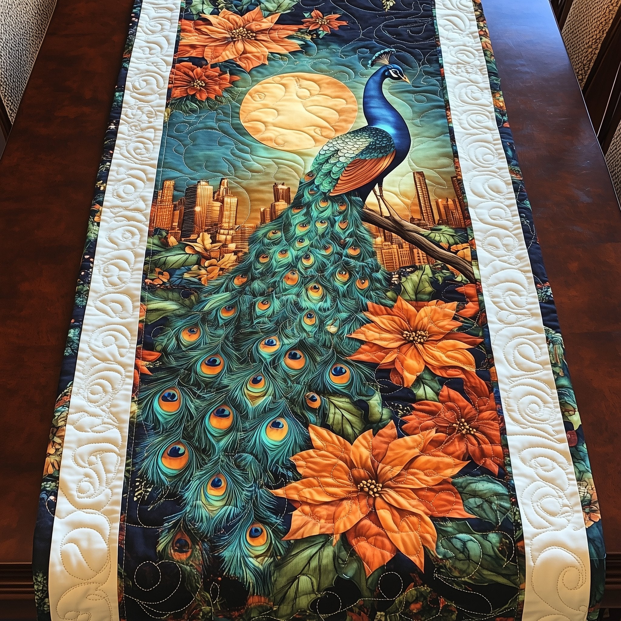 Moonlight Peacock Blossom Table Runner