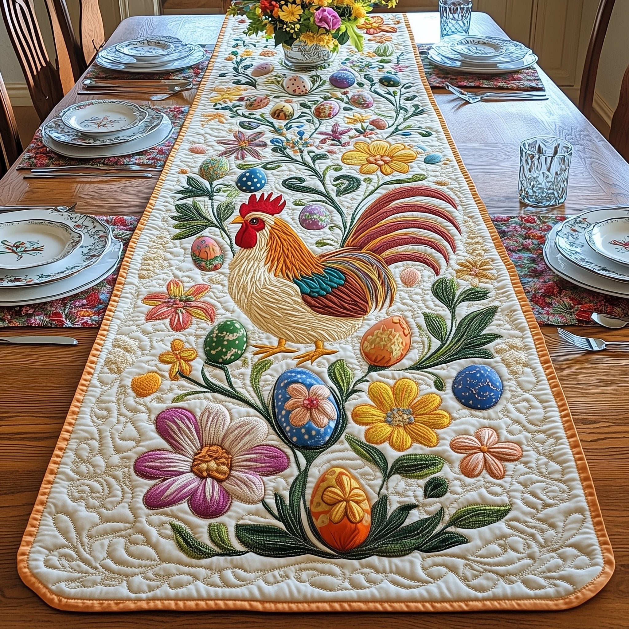 Rooster with Easter Eggs and Flowers Table Runner