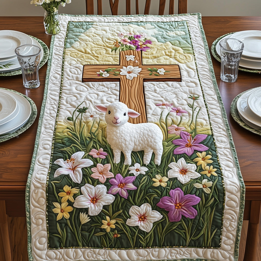 Wooden Cross with Lamb and Lilies Table Runner