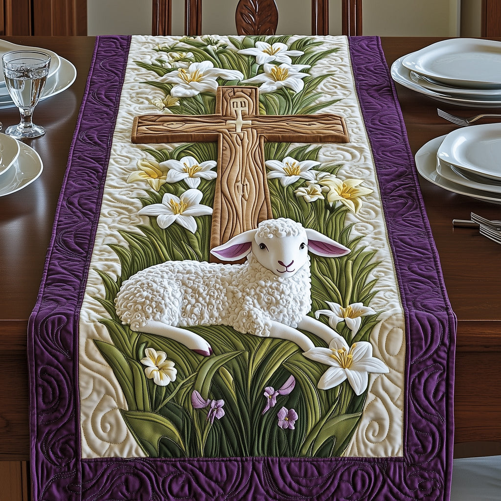 Lamb Resting Beside Wooden Cross Table Runner