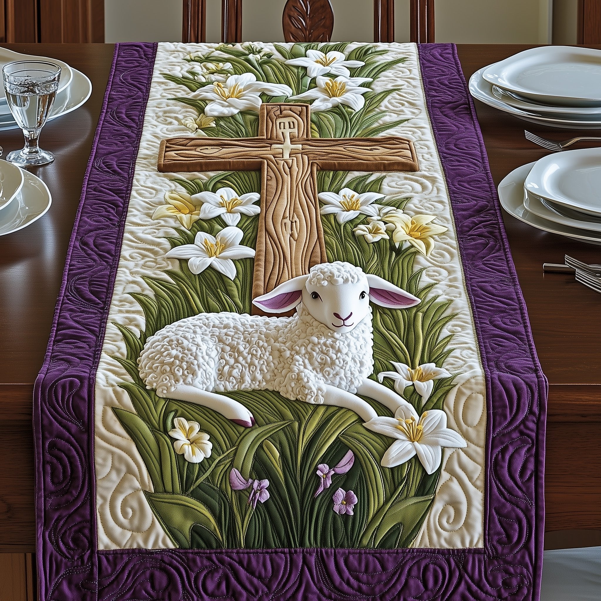 Lamb Resting Beside Wooden Cross Table Runner
