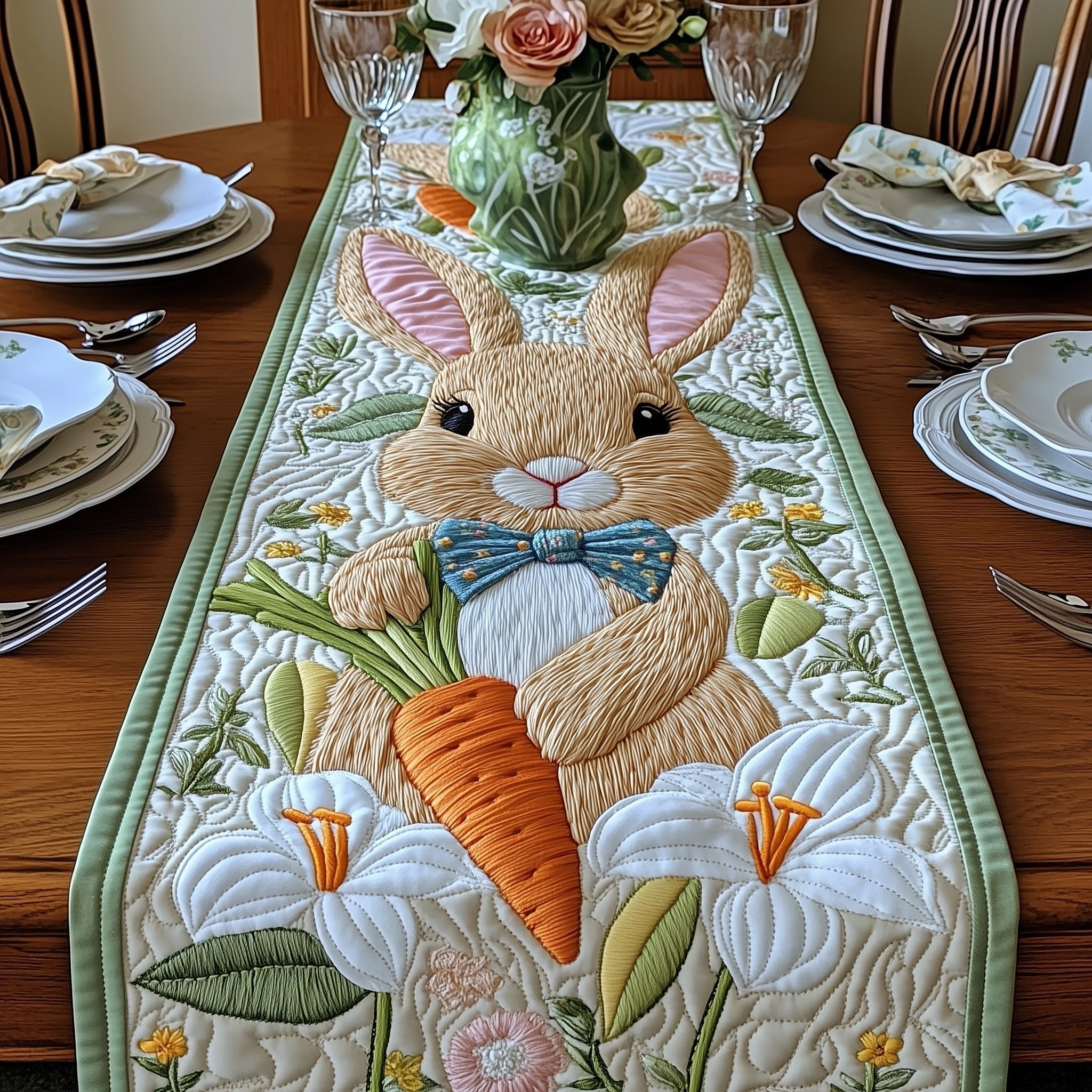 Bunny with Carrot and Blue Bow Table Runner