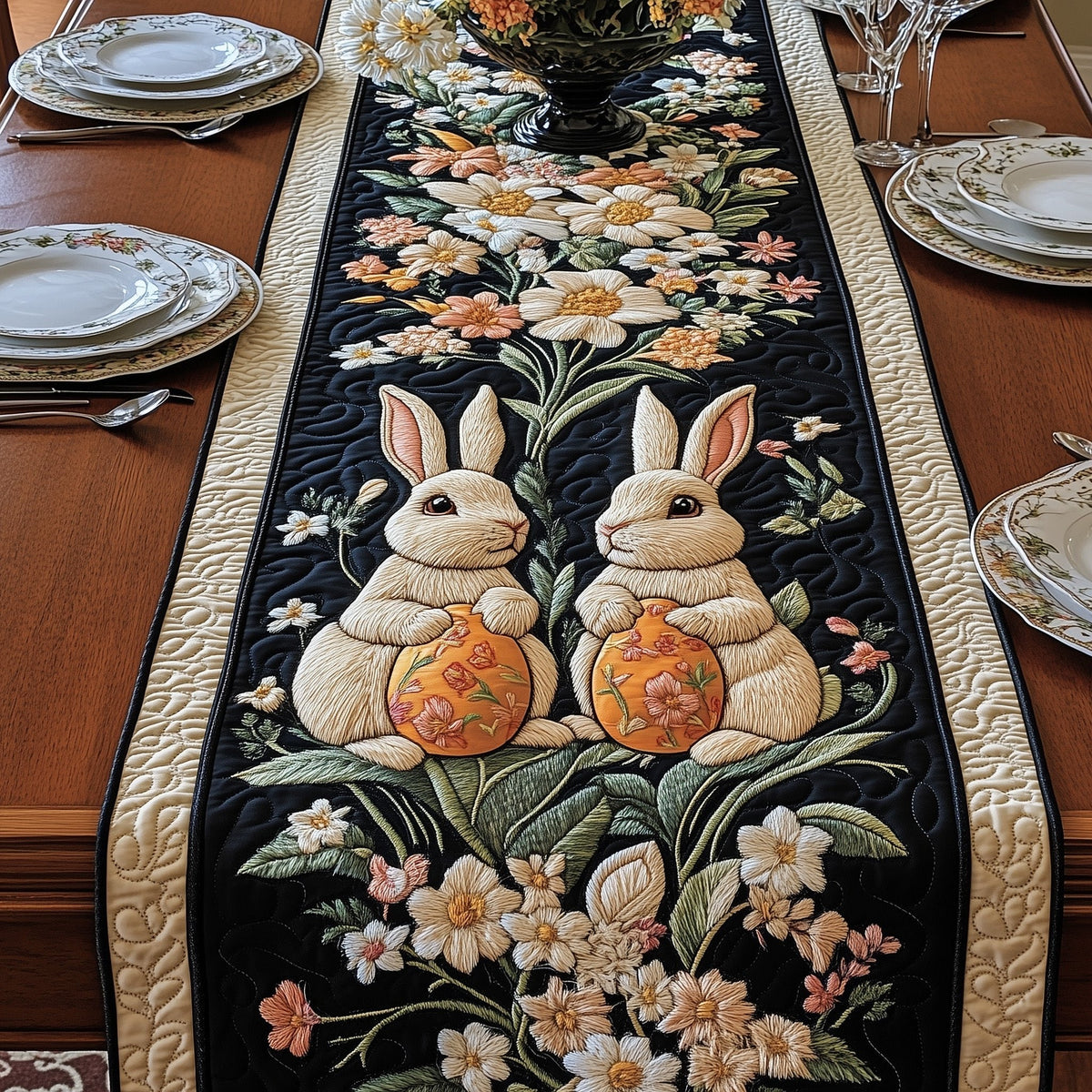 Two Bunnies with Orange Eggs on Black Table Runner