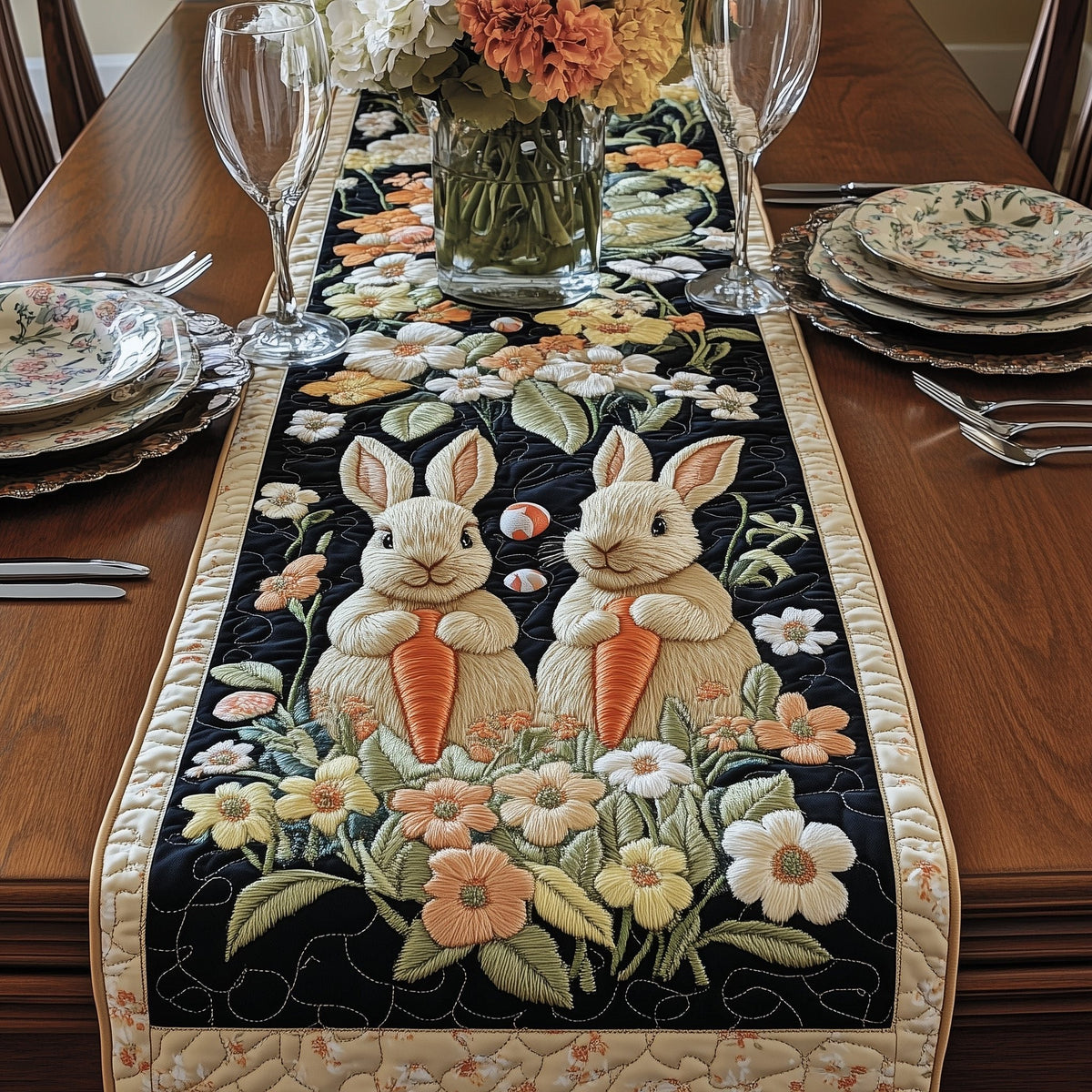 Two Bunnies with Carrots on Black Table Runner