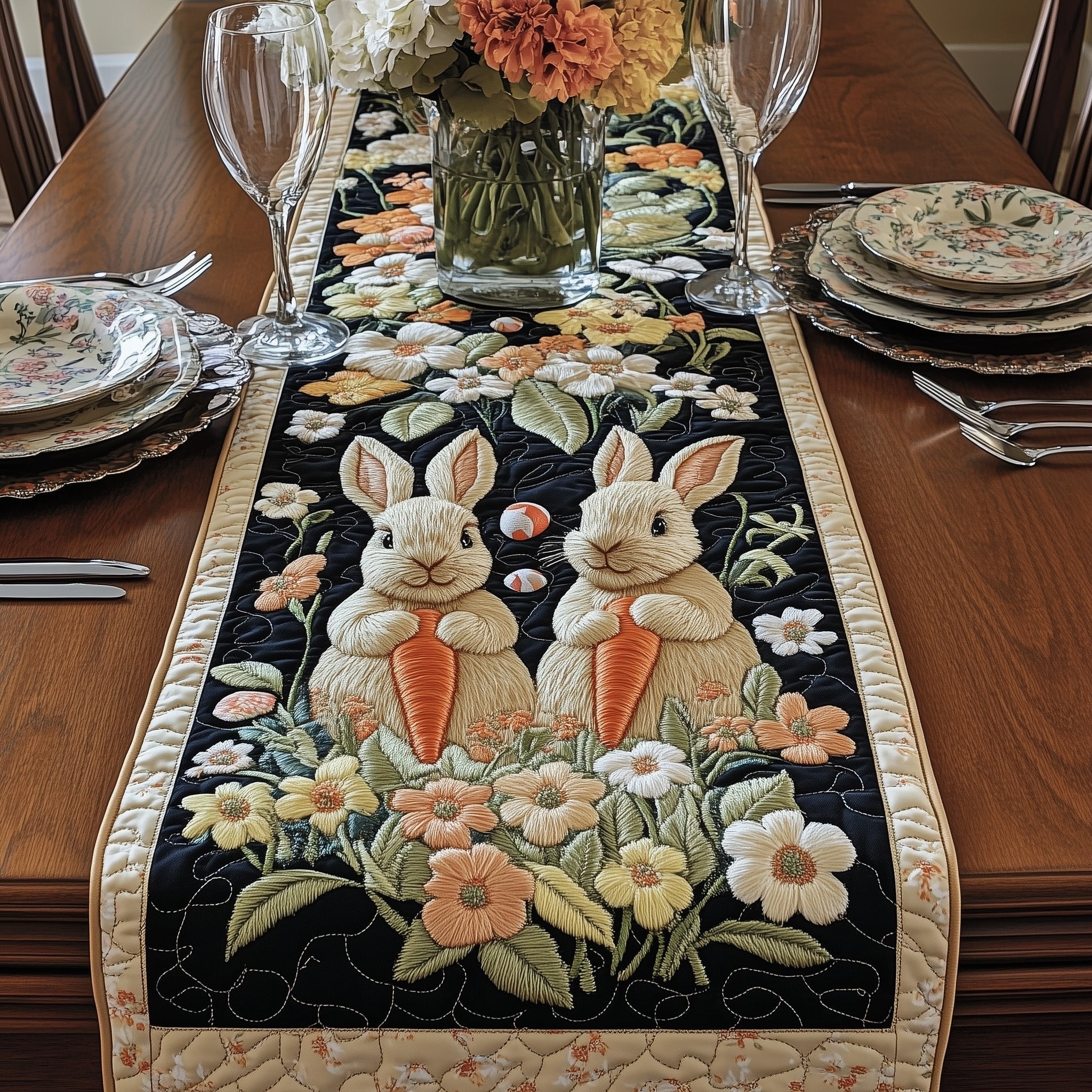 Two Bunnies with Carrots on Black Table Runner