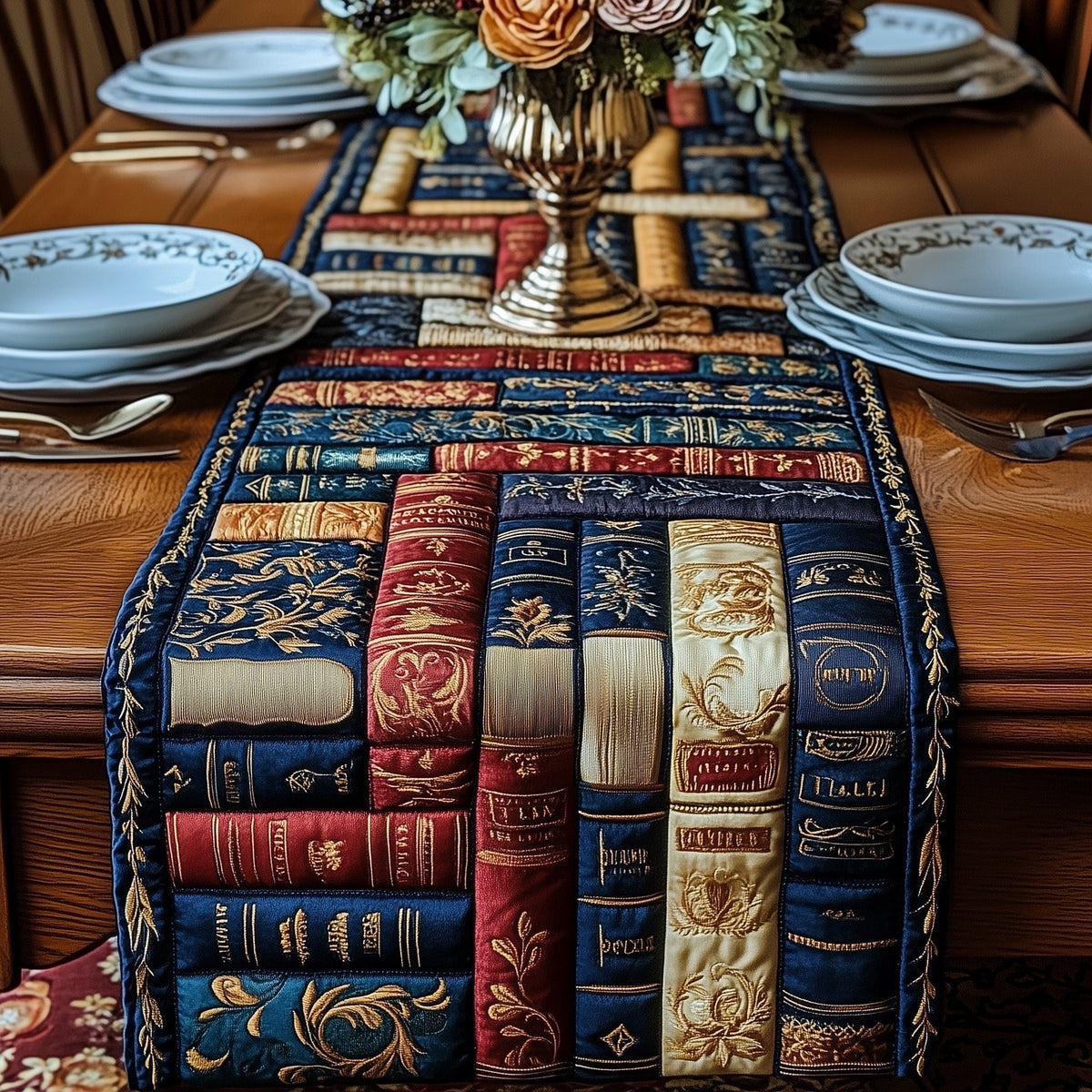 Stacked Books on Blue Floral Table Runner