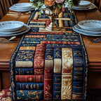 Stacked Books on Blue Floral Table Runner
