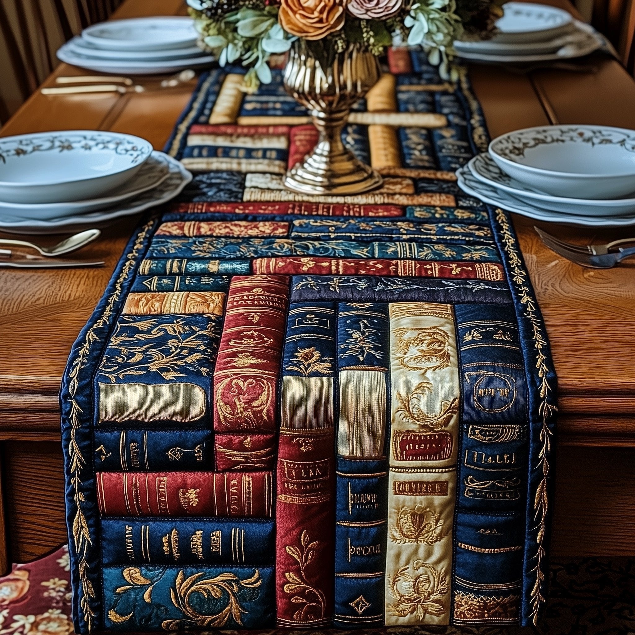 Stacked Books on Blue Floral Table Runner