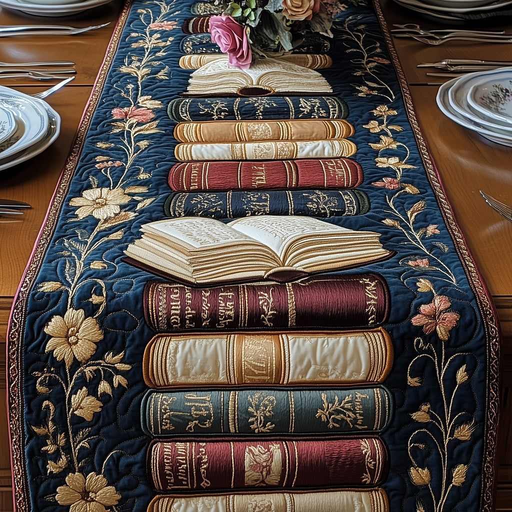 Open Book Atop Stacked Volumes Table Runner