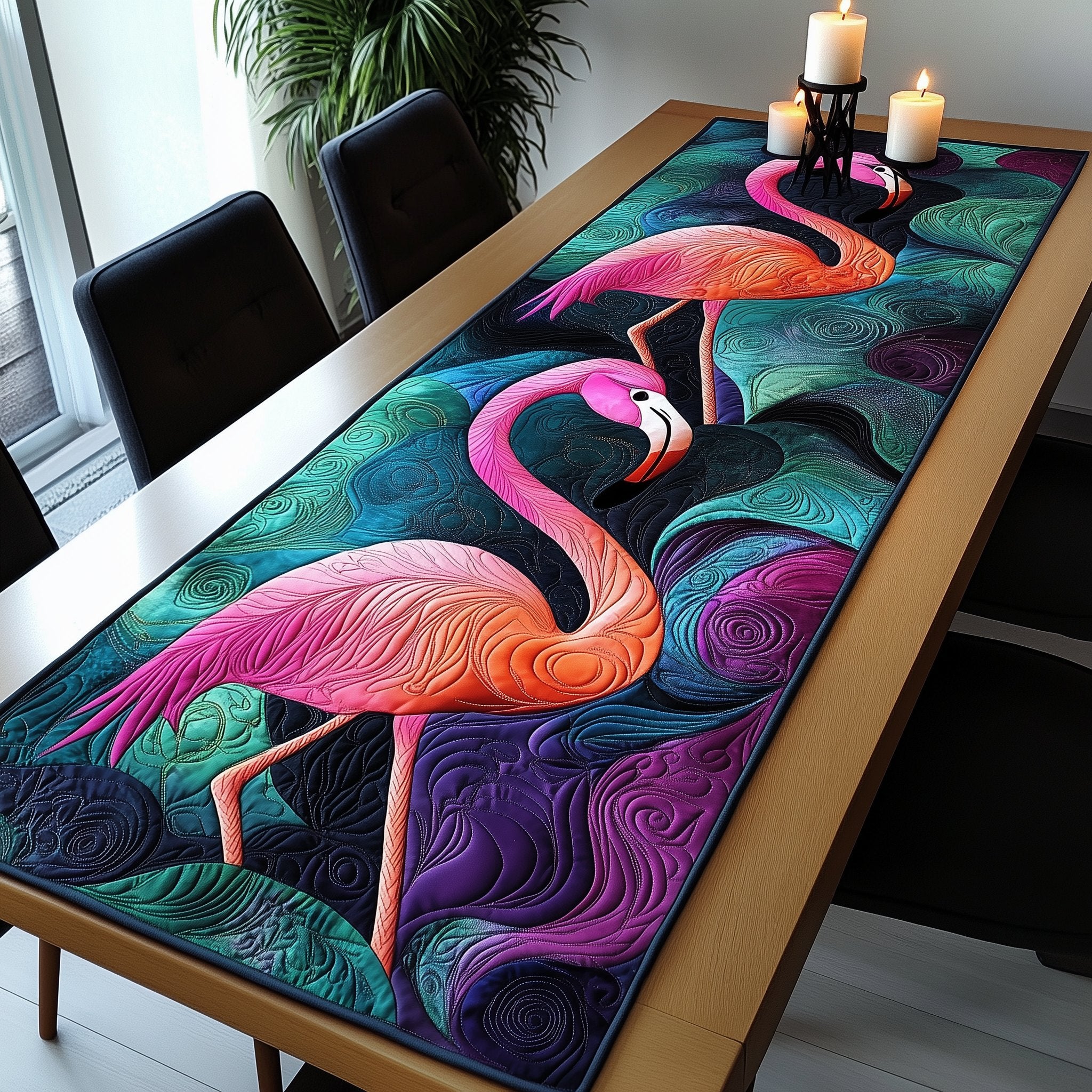 Single Flamingo on Purple and Teal Table Runner