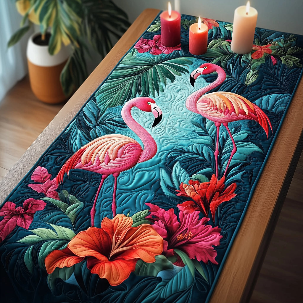 Flamingos Among Red Hibiscus Table Runner