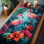 Flamingos Among Red Hibiscus Table Runner