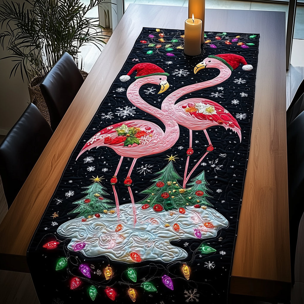 Flamingos in Santa Hats with Lights Table Runner