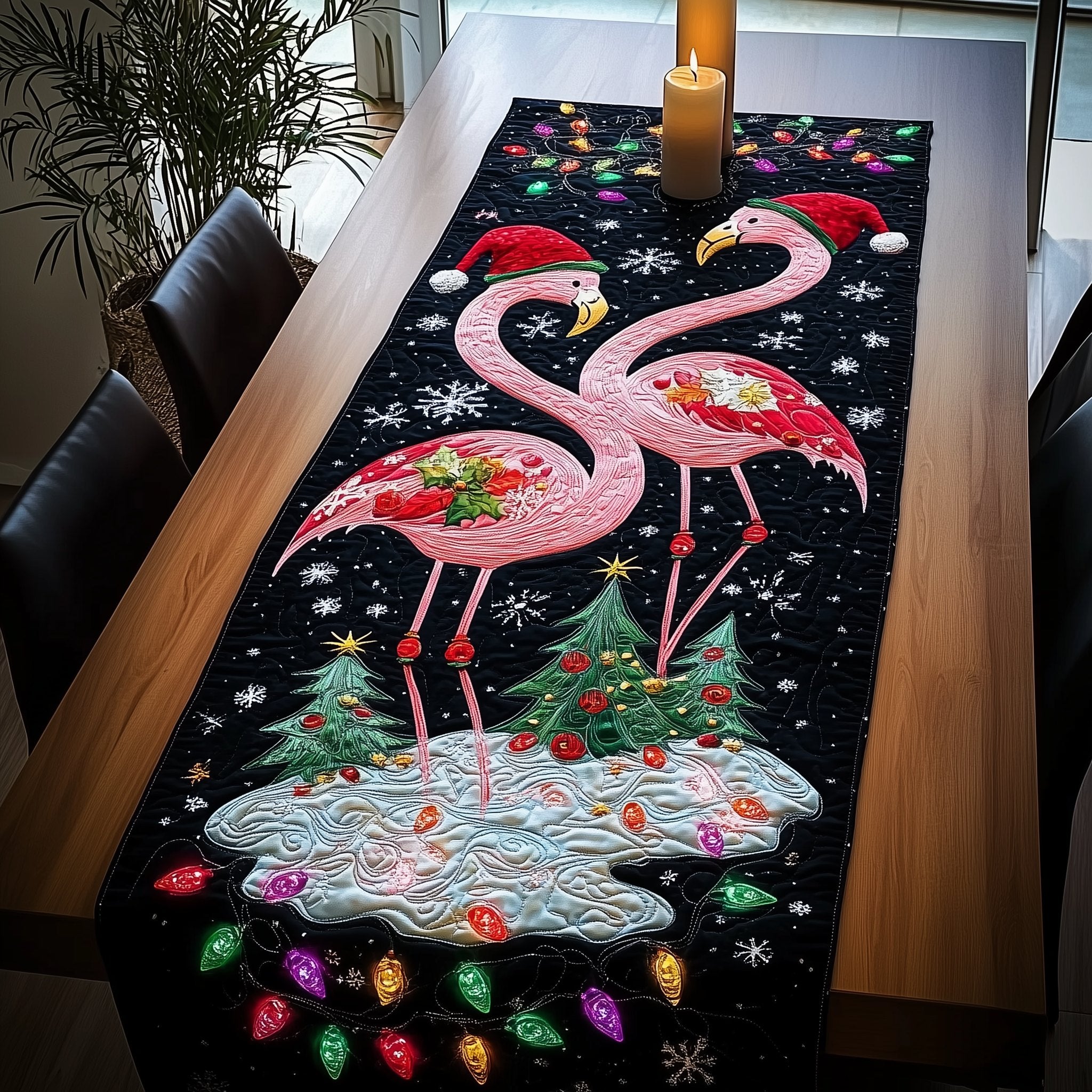Flamingos in Santa Hats with Lights Table Runner