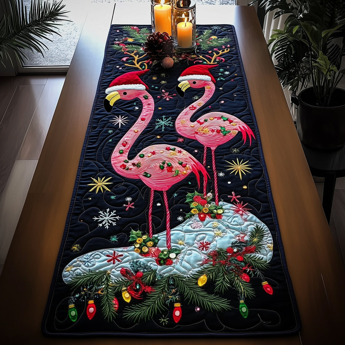 Flamingos with Ornaments on Black Night Table Runner