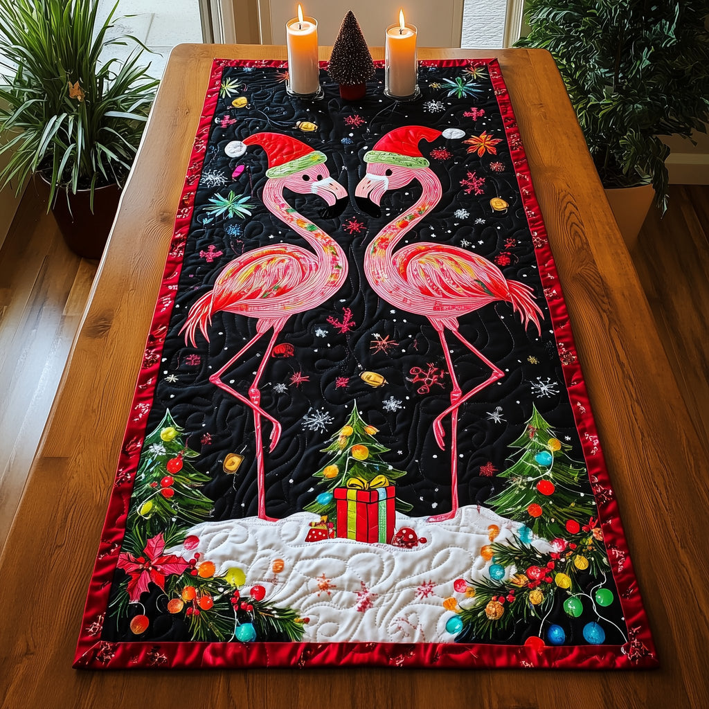 Flamingos Beside Christmas Tree and Gifts Table Runner