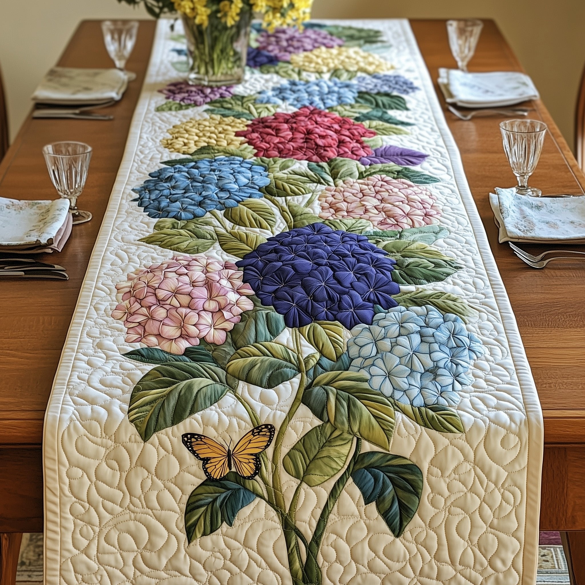 Hydrangea Bouquet with Butterfly on Cream Table Runner