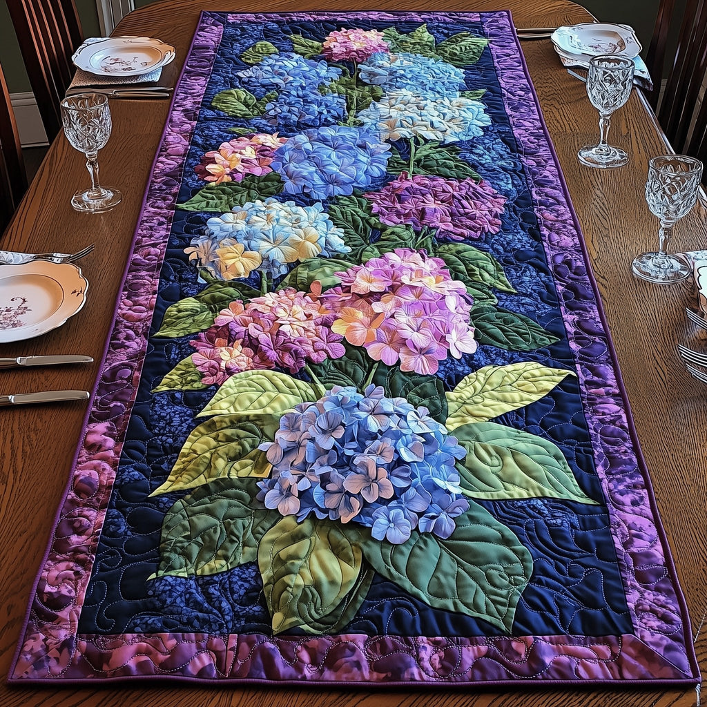 Hydrangea Blocks on Purple Border Table Runner