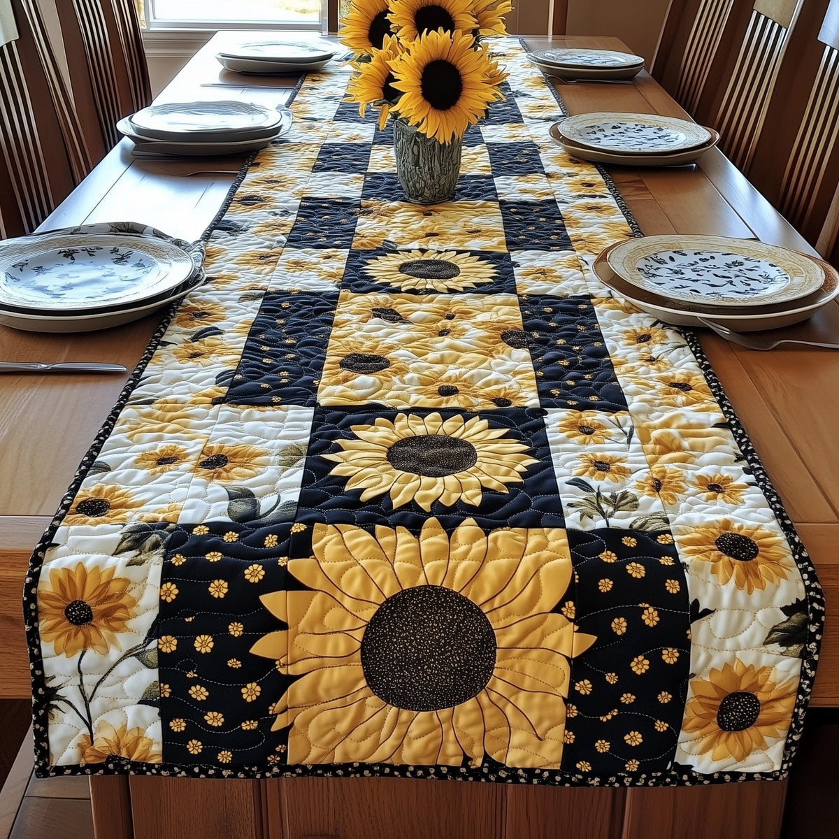 Sunflower on Black and Cream Checks Table Runner