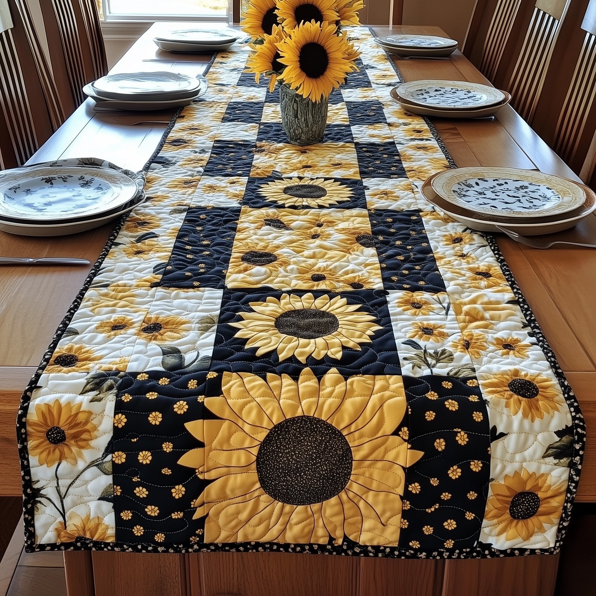 Sunflower on Black and Cream Checks Table Runner