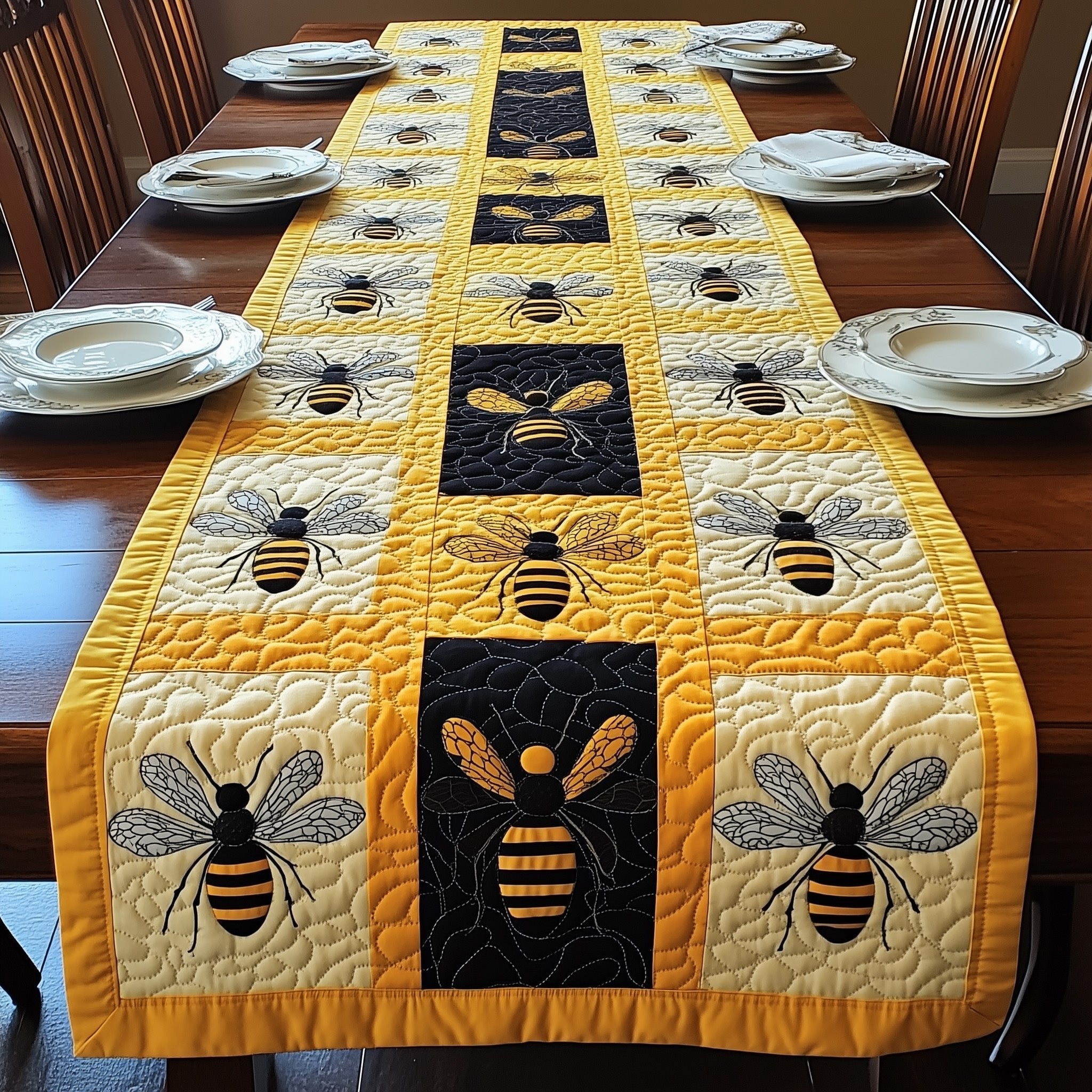 Bees on Yellow and Black Blocks Table Runner