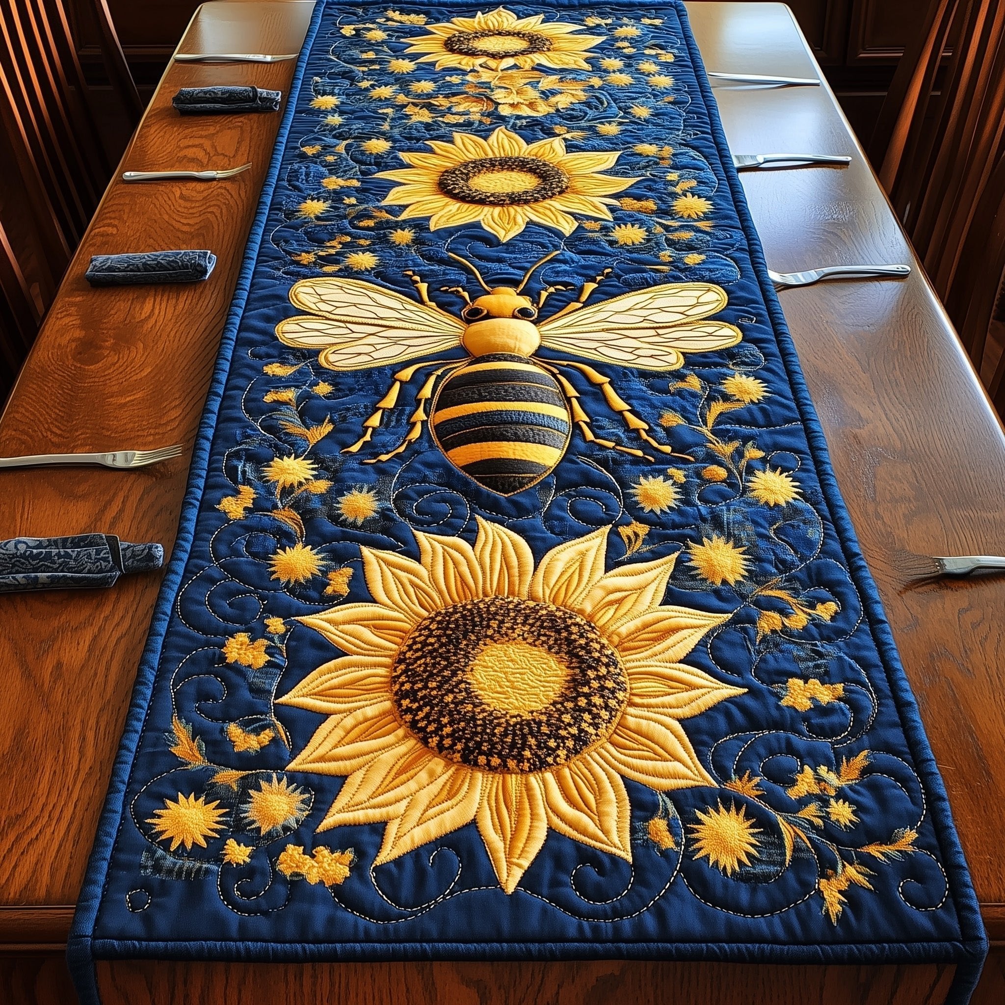 Bee Over Large Sunflower on Navy Table Runner