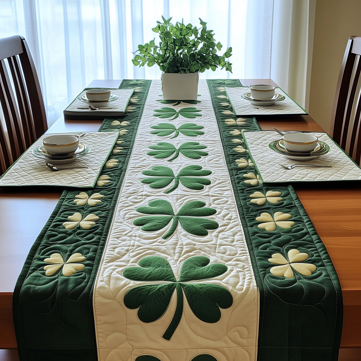 Shamrocks on Cream and Green Stripes Table Runner