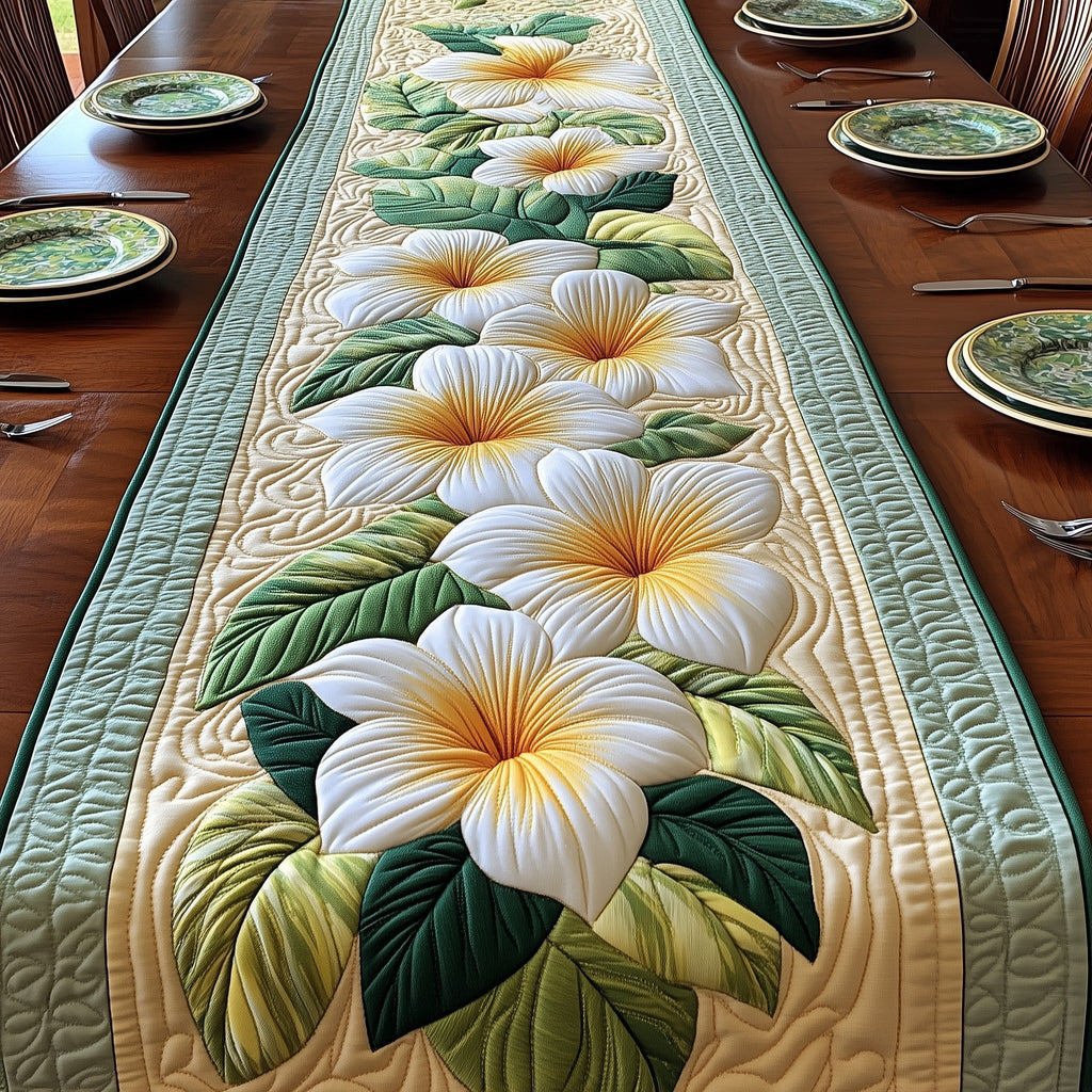 White Plumeria with Pale Green Leaves Table Runner