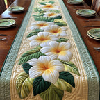 White Plumeria with Pale Green Leaves Table Runner