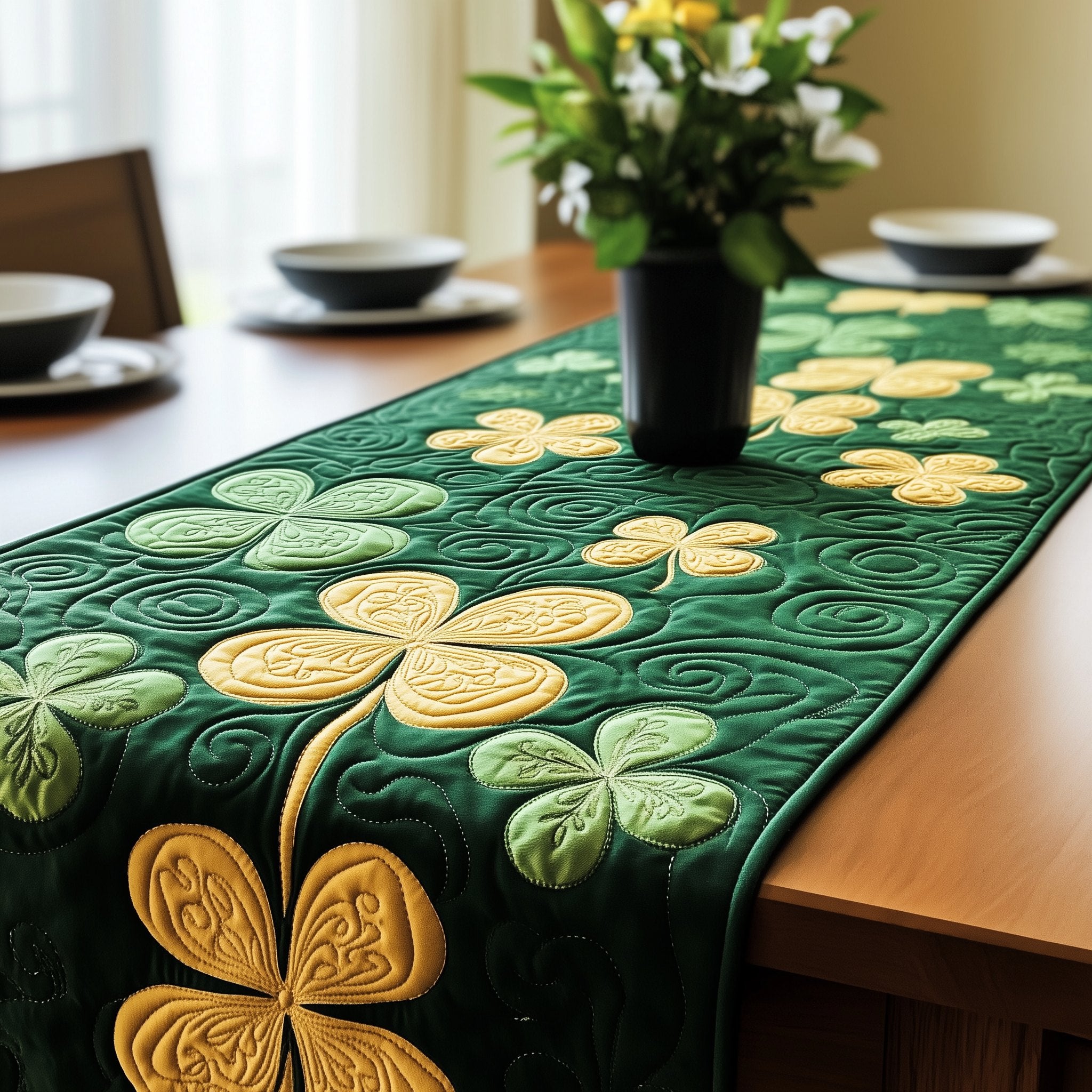 Yellow Shamrocks on Deep Green Table Runner