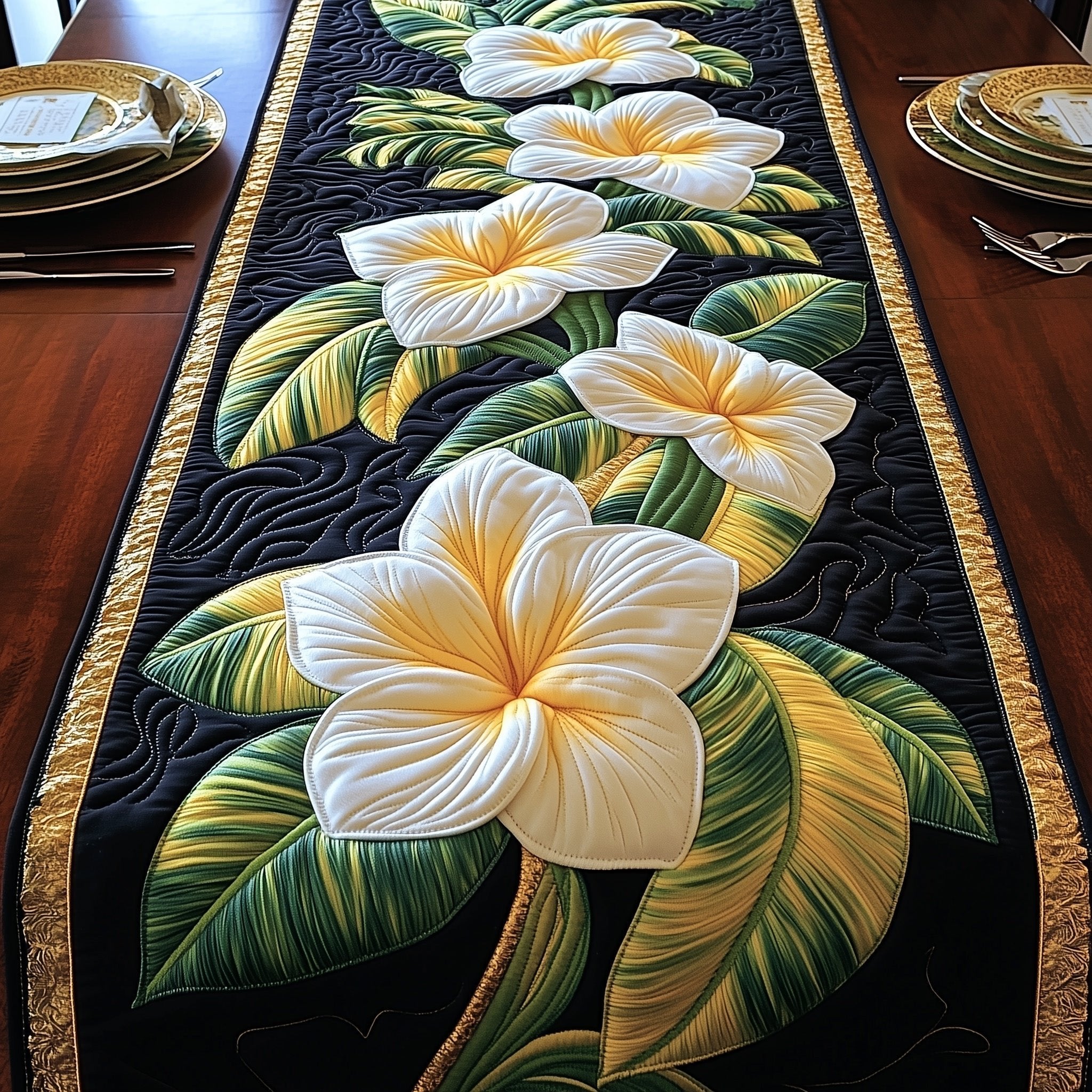White Plumeria on Dark Green Leaves Table Runner