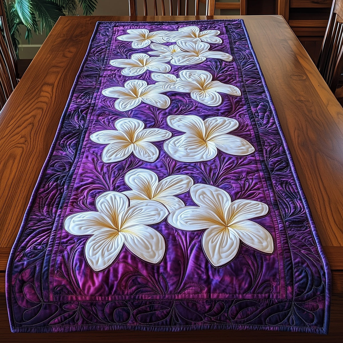 White Plumeria on Purple Background Table Runner