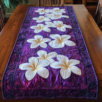 White Plumeria on Purple Background Table Runner