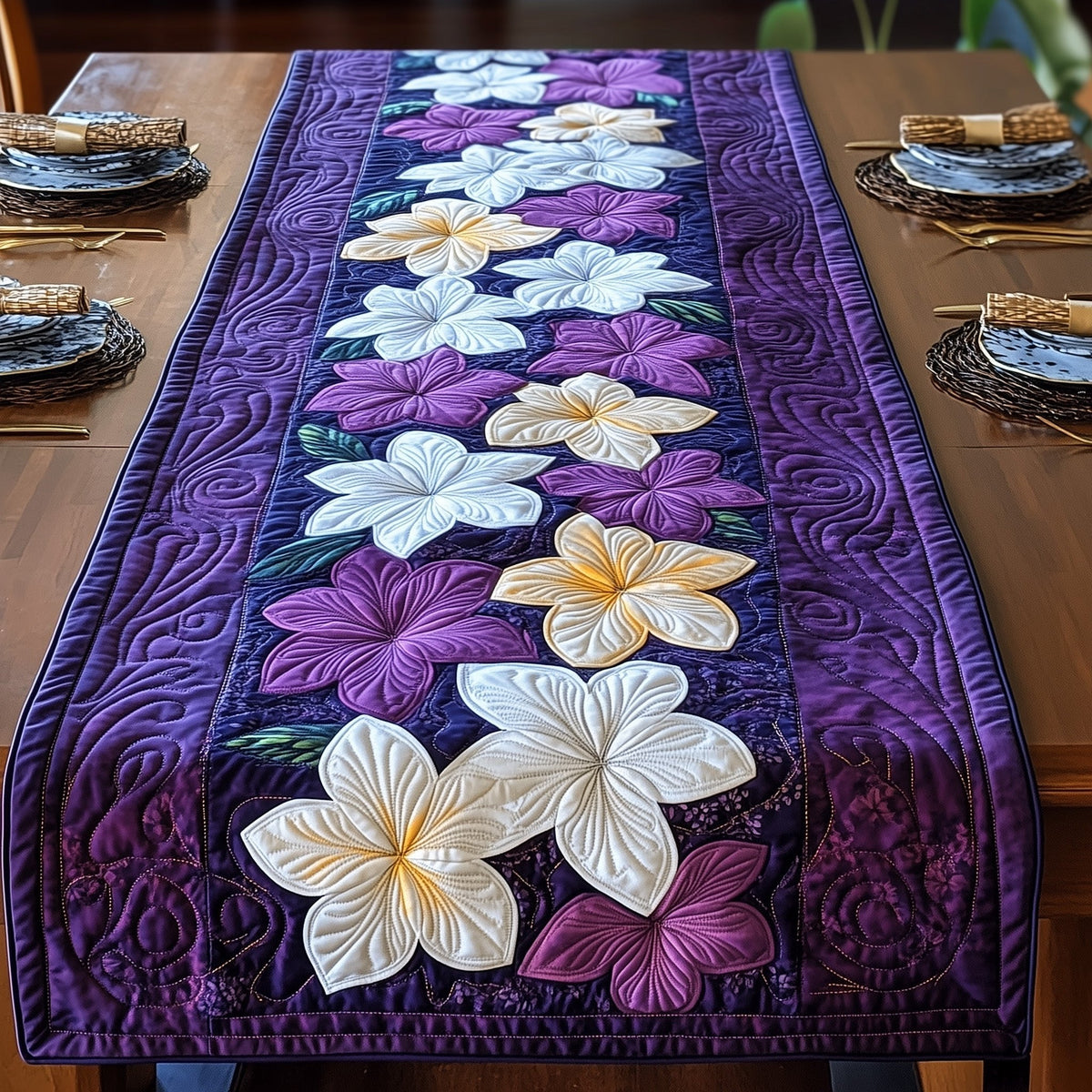 Plumeria on Purple and White Stripes Table Runner