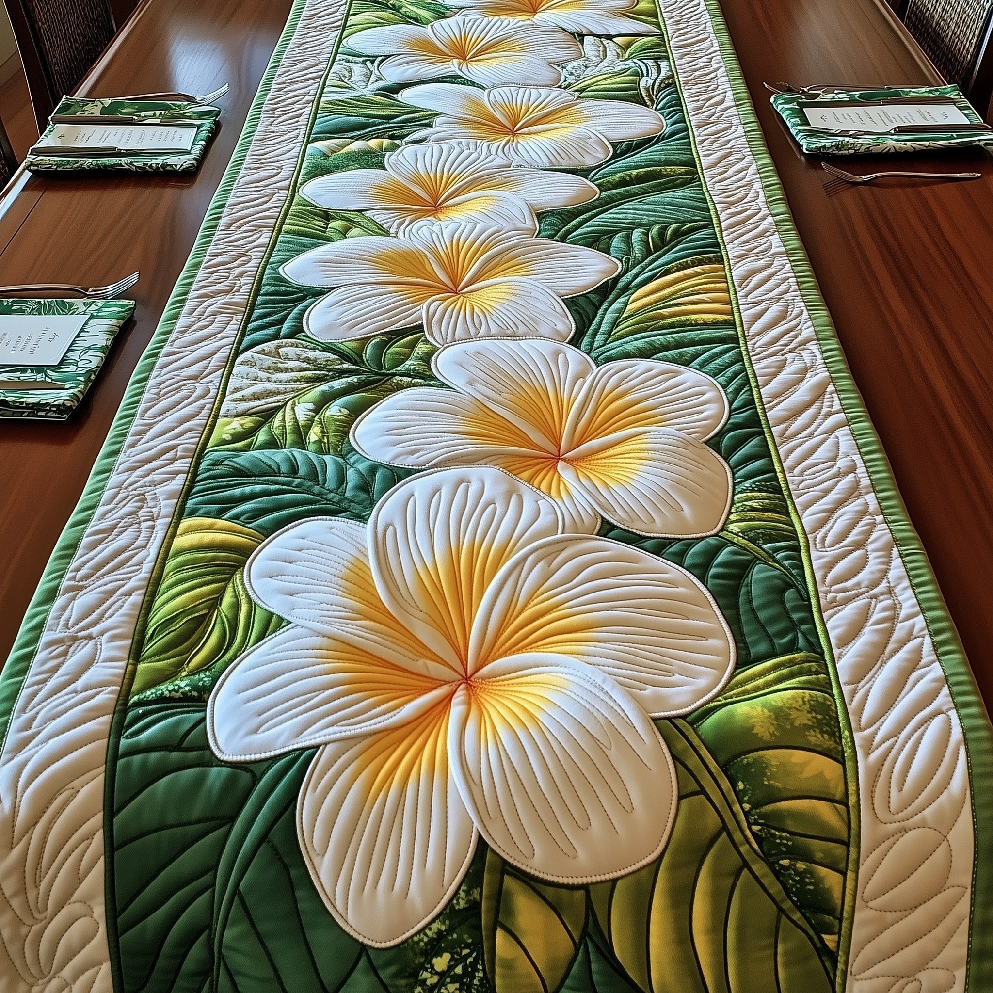 Single Large Plumeria on Green Table Runner