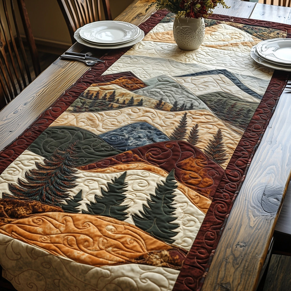 Mountain Ridges with Pine Forest Table Runner