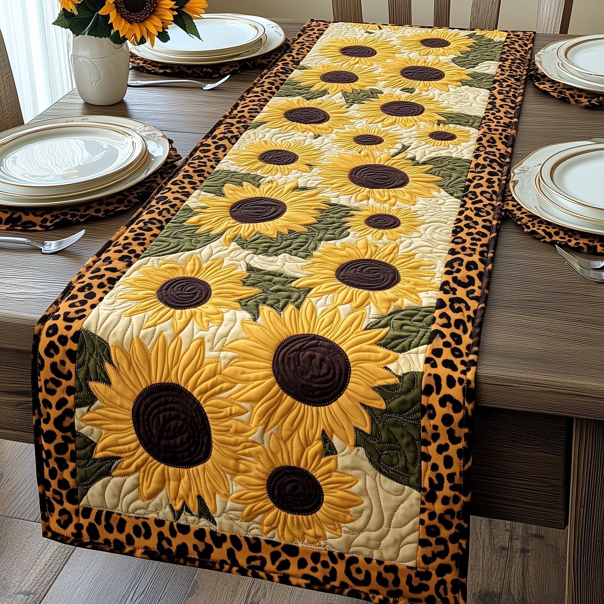 Sunflowers on Leopard Print Border Table Runner