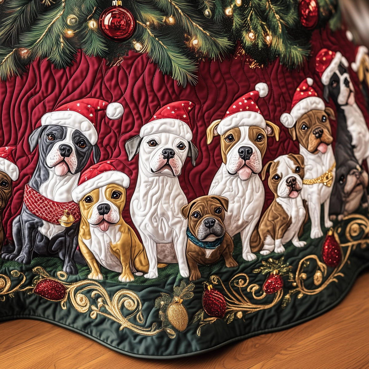 Santa Hat Bulldogs on Crimson Christmas Tree Skirt