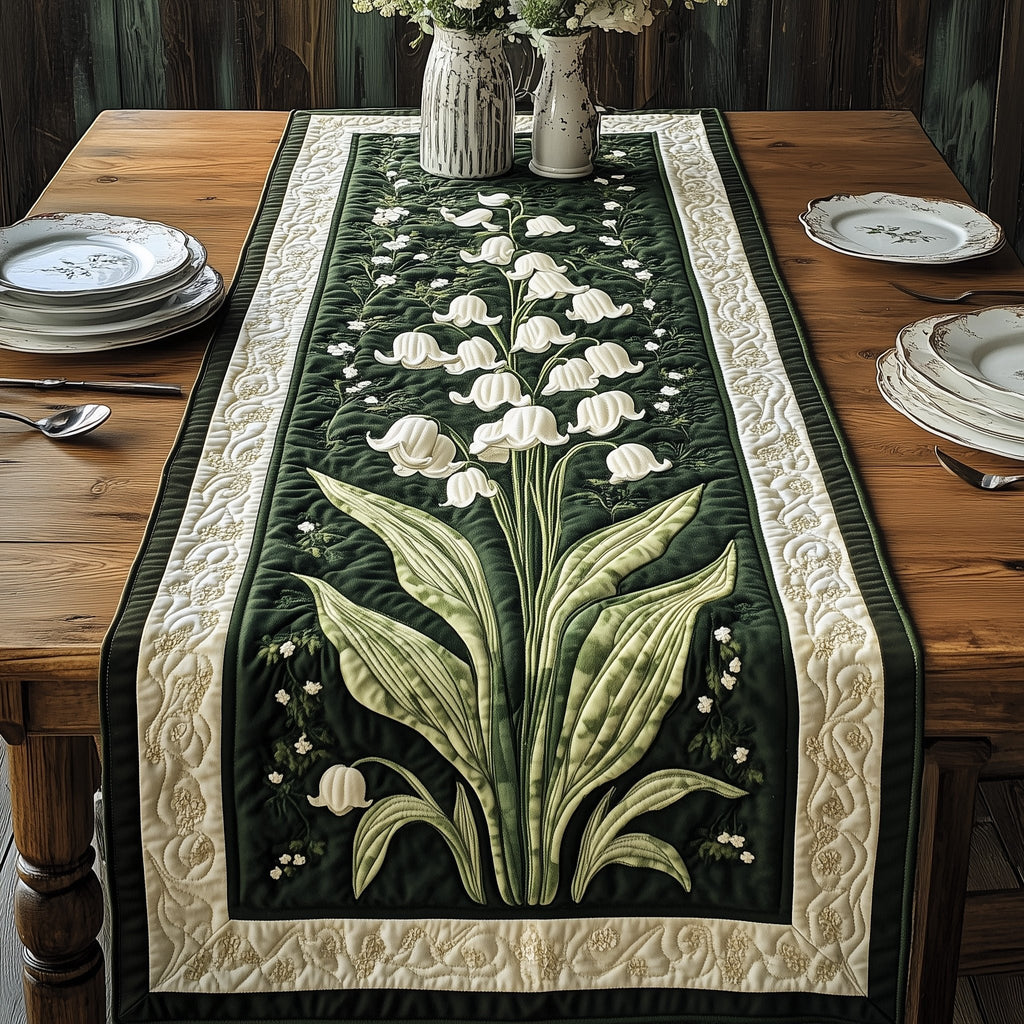 Lily of the Valley on Dark Green Table Runner