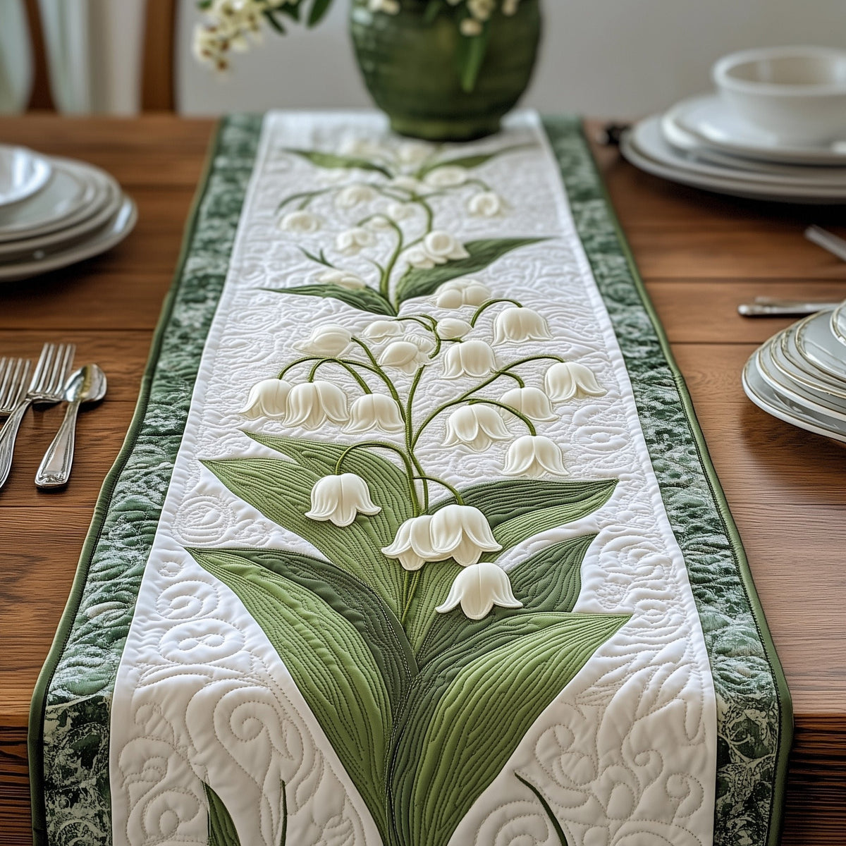 Lily of the Valley on White Table Runner