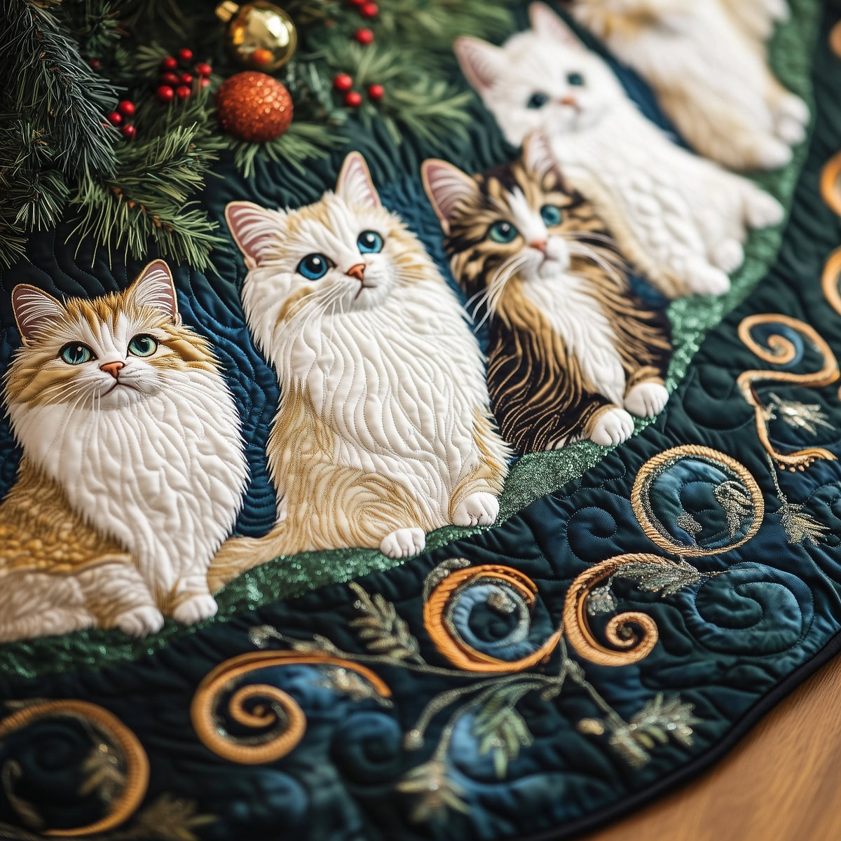 Kitten Row in the Gold Scroll Christmas Tree Skirt